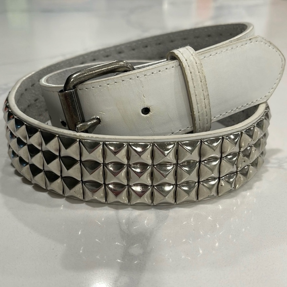 White leather and silver studded belt three rows